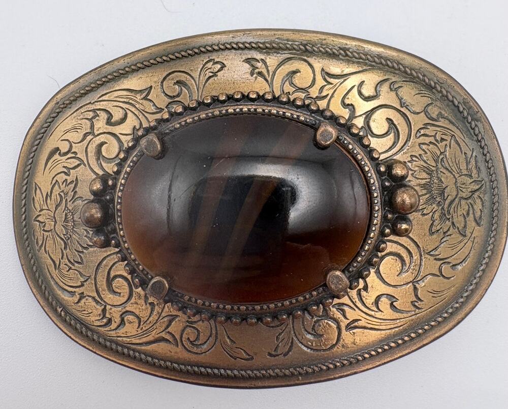 Goldtone Floral Western Belt Buckle with Large Polished Brown Cabochon